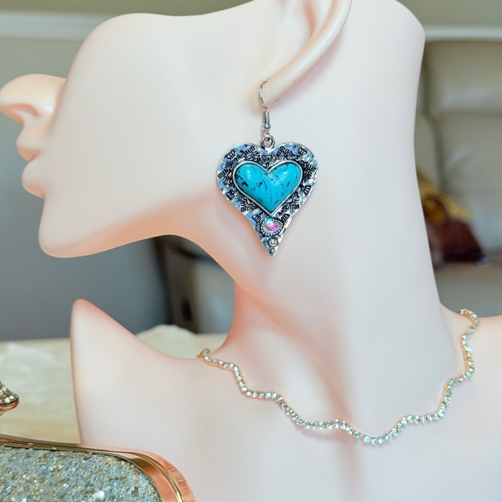 Western Silver Heart Earrings with Turquoise - Picture 10 of 11